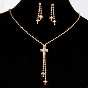 Bridal Cross necklace and Earrings Set in Gold Tone Rhinestone Crystal / 14869